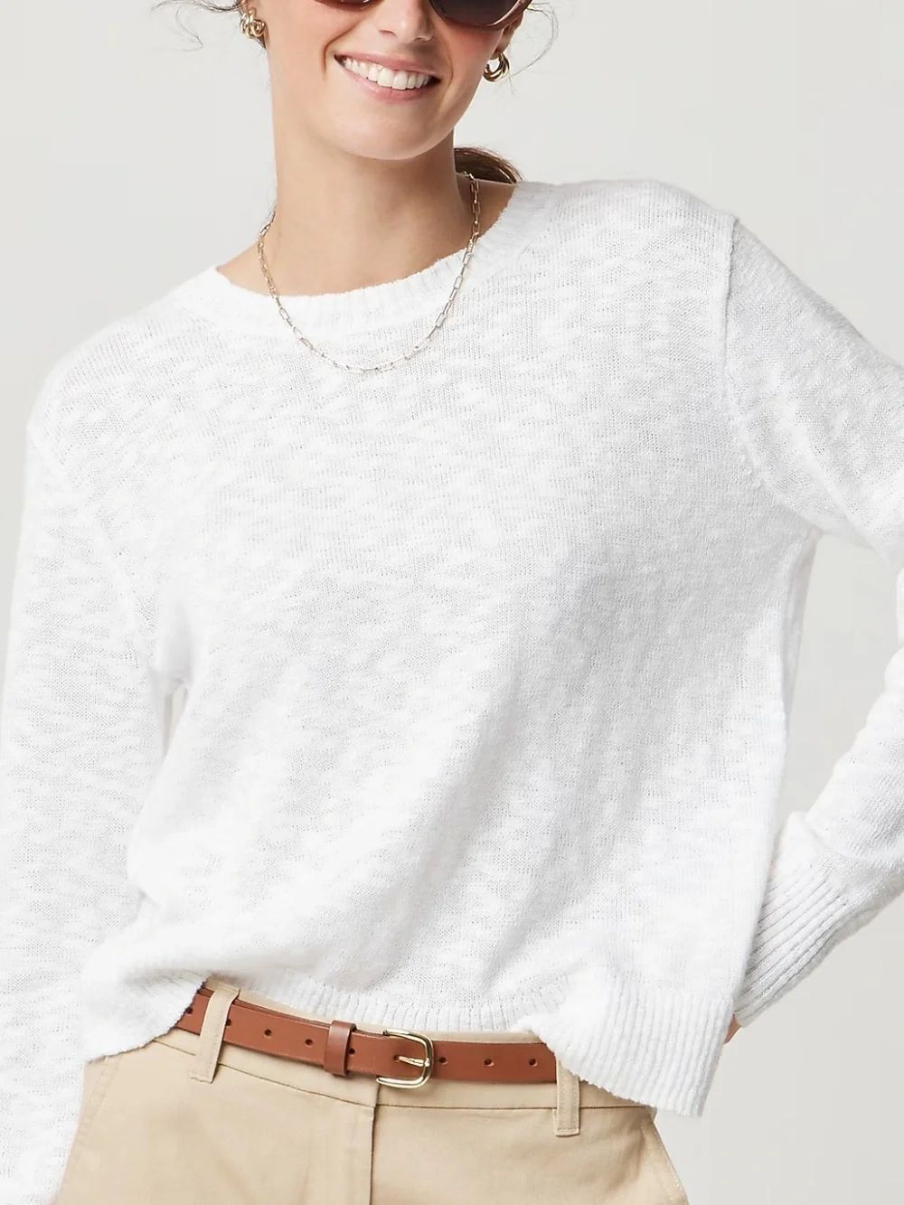 J.Crew XL Heather White Beige Crewneck Cotton Blend Knit Beach Sweater